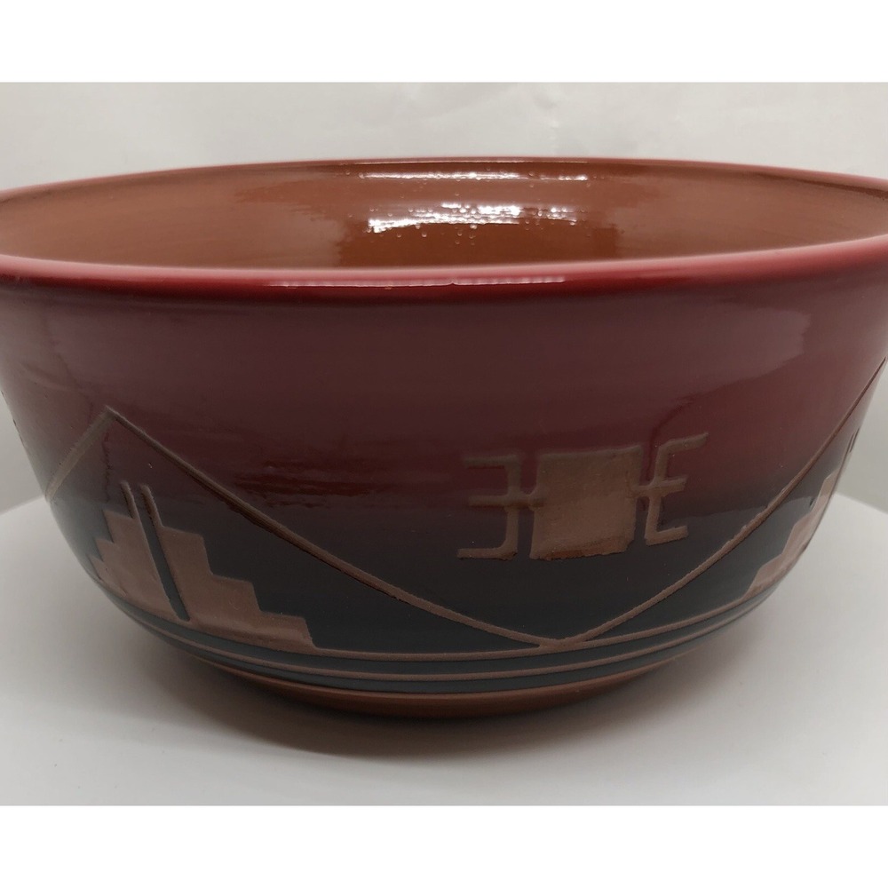 Original Art Pottery Native American Traditional Symbols Bowl Artisan Signed Red - Picture 13 of 16